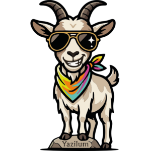 le dtf visuel d'un logo de Juliette la chèvre qui se la pette sur son rocher avec des lunette de soleil