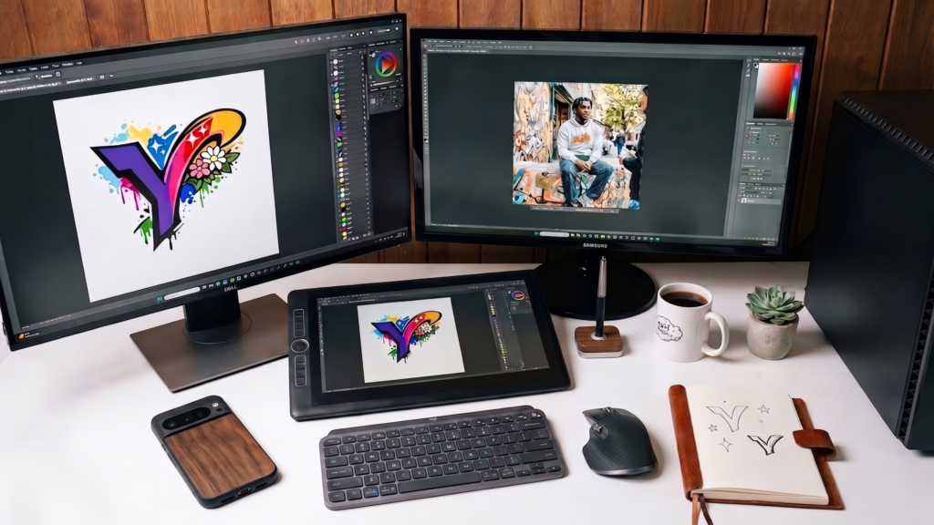 bureau au travail avec ma wacom mobilestudio pro 16 mon ordinateur mes programme de dessin affinity designer et Photoshop