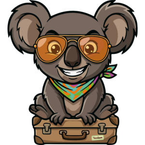 le dtf visuel d'un logo d'un koala qui est assis sur une valise pour partir en vacance