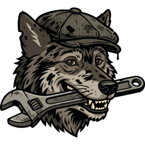 le dtf visuel d'un logo d'un loup avec un clé à molette dans la gueule