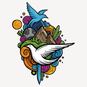 Illustration colorée de deux oiseaux en vol devant des montagnes, des sapins et des formes végétales tourbillonnantes