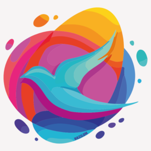 Illustration abstraite multicolore composée de formes fluides et superposées en orange, rose, turquoise, bleu et violet.