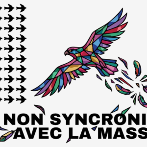 Illustration d’un oiseau multicolore volant à contre-courant d’un groupe d’oiseaux noirs, avec des plumes colorées et le texte « Non synchronisé avec la masse ».