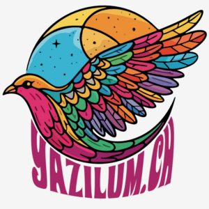 Illustration d’un oiseau aux ailes déployées et au plumage multicolore devant un soleil stylisé, avec l’inscription Yazilum.ch