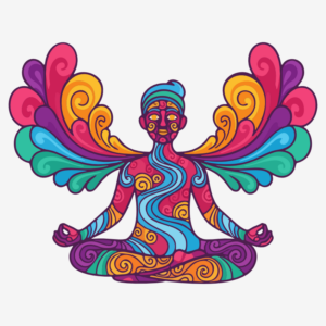 Illustration colorée d’une silhouette assise en méditation, ornée de motifs psychédéliques, avec de grandes formes fluides semblables à des ailes déployées