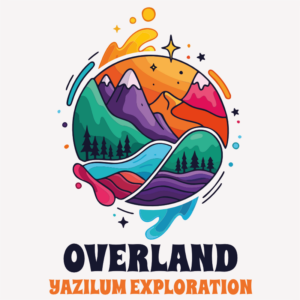 Illustration colorée de montagnes, forêts, rivière et soleil dans une composition circulaire, avec le texte « Overland Yazilum Exploration ».