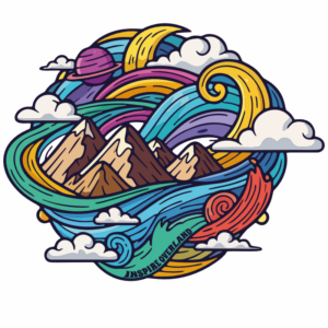 Illustration circulaire colorée représentant des montagnes entourées de vagues turquoise, de nuages, de courbes multicolores et d’une planète avec un anneau.