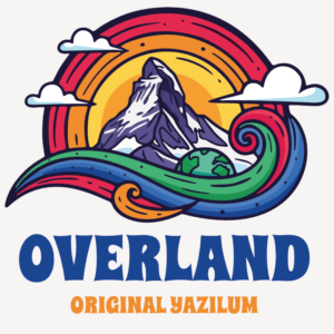 Illustration colorée d’une montagne enneigée entourée de nuages, d’un soleil couchant et de vagues stylisées, avec le texte « Overland Original Yazilum ».