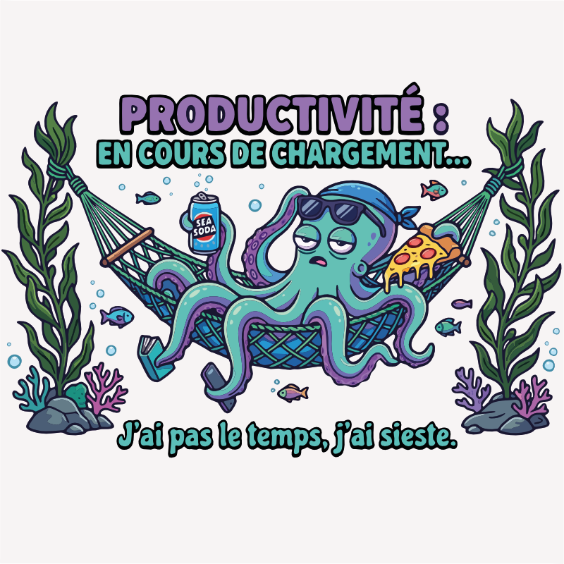 Pieuvre turquoise portant des lunettes de soleil et se reposant dans un hamac sous-marin avec une boisson, une pizza et le texte « Productivité : en cours de chargement… J’ai pas le temps, j’ai sieste. »
