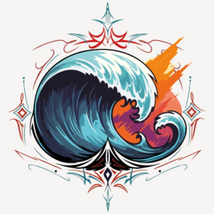 Illustration artistique de deux vagues stylisées formant un cercle, dans des nuances de bleu, orange et violet, entourées de motifs graphiques symétriques.