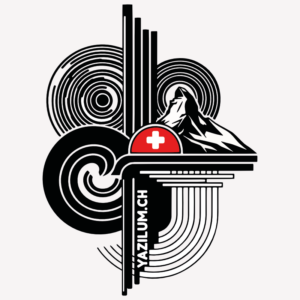 Illustration graphique noir, blanc et rouge représentant une montagne suisse, une croix suisse et des motifs géométriques concentriques avec l'inscription Yazilum.ch.