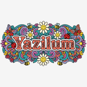 Illustration du nom Yazilum entouré de fleurs colorées, de feuillages, de coccinelles et de petites abeilles