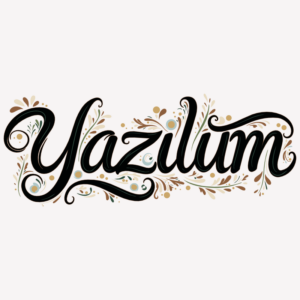 Nom Yazilum écrit en calligraphie noire avec des arabesques, des feuilles et de petits ornements turquoise, dorés et beiges.