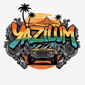 Lettrage Yazilum orange et turquoise avec un véhicule 4x4, des pneus et des pièces mécaniques devant un paysage désertique composé de montagnes, de palmiers et d’un soleil orange.