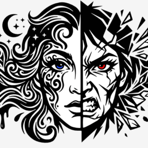 Visage divisé en deux parties, avec des motifs de lune et de volutes autour d’un œil bleu à gauche, et des formes géométriques autour d’un œil rouge à droite.