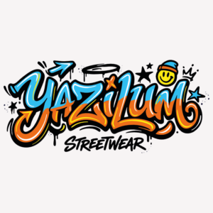 Lettrage graffiti Yazilum bleu, orange et jaune entouré d’étoiles, de flèches, d’une couronne et d’une bombe de peinture, avec la mention Streetwear en noir.