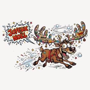 Illustration d'un renne de Noël complètement déjanté avec des bois décorés de graffiti, courant à toute vitesse dans une explosion festive accompagnée du texte « Joyeux Noël »