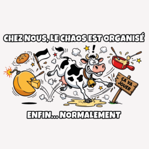 Illustration humoristique d’une vache fribourgeoise courant au milieu d’une fondue renversée, d’une meule de fromage et du drapeau noir et blanc du canton de Fribourg.