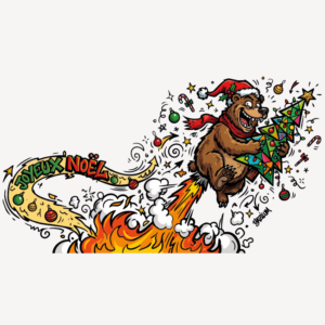 Illustration d'un ours de Noël propulsé comme une fusée en tenant un sapin décoré, accompagné du texte « Joyeux Noël » dans un style cartoon coloré.