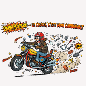 Illustration humoristique d’un papa motard roulant au milieu d’un joyeux chaos composé d’un biberon, d’une couche, d’outils et d’objets du quotidien, avec le texte « Papa motard, le chaos, c’est mon carburant ». carburant