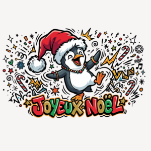 Illustration d'un pingouin de Noël dansant avec un bonnet rouge et un collier coloré, entouré d'étoiles, de cannes en sucre et de motifs festifs, accompagnée du texte « Joyeux Noël ».
