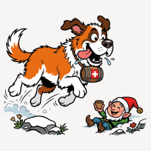 saint bernard Illustration d’un grand chien de montagne transportant un petit tonneau suisse autour du cou tandis qu’un lutin de Noël profite d’une dégustation dans un décor alpin.