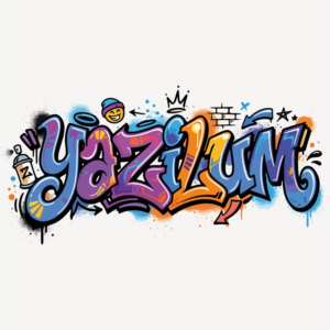 Lettrage graffiti « Yazilum » aux couleurs bleu, violet et orange, entouré d’une bombe de peinture, de flèches, d’éclaboussures et de symboles inspirés du street art.
