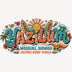 ettrage coloré « Yazilum » entouré de vagues, de planches de surf, d’un soleil, de fleurs tropicales et de palmiers, avec l’inscription « Waikiki, Hawaii, Retro Surf Vibes ».